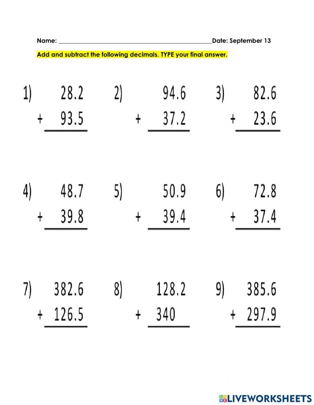 Addition and Subtraction of Decimals 9.13