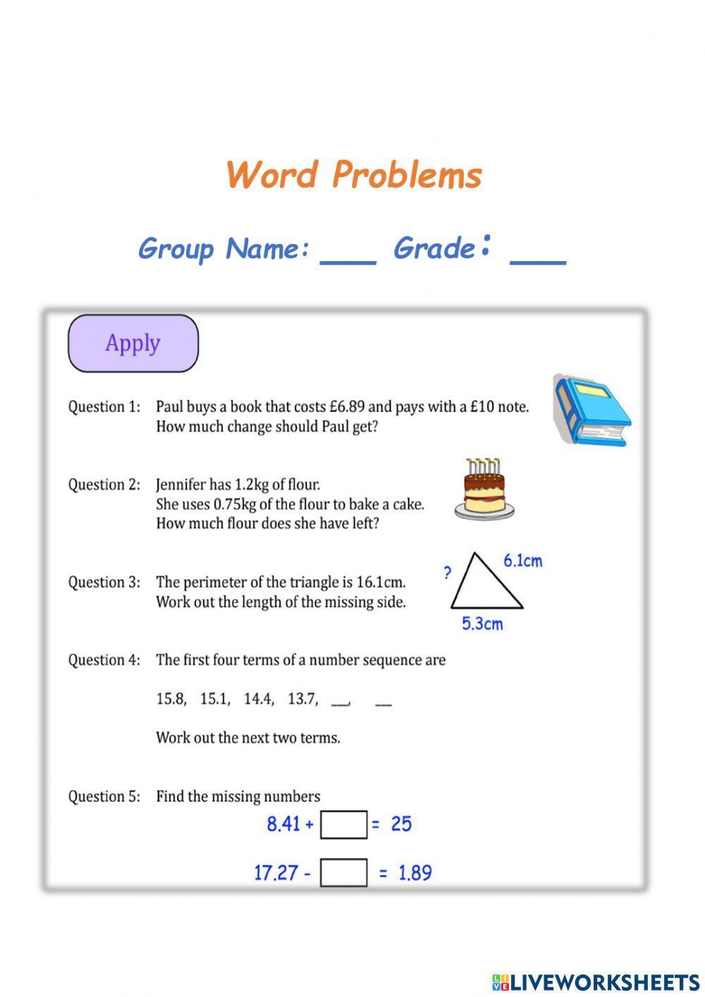 Word Problems - Addition & subtraction of Decimals
