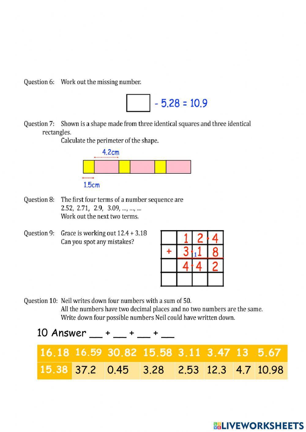 Word Problems - Addition & subtraction of Decimals