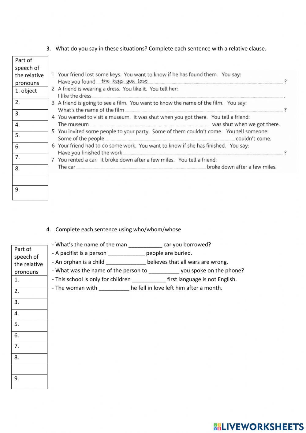 Relative Clause 2- Subject - Object online exercise for | Live Worksheets