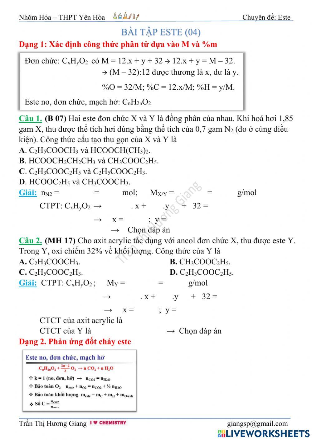 Phiếu bài tập este 04