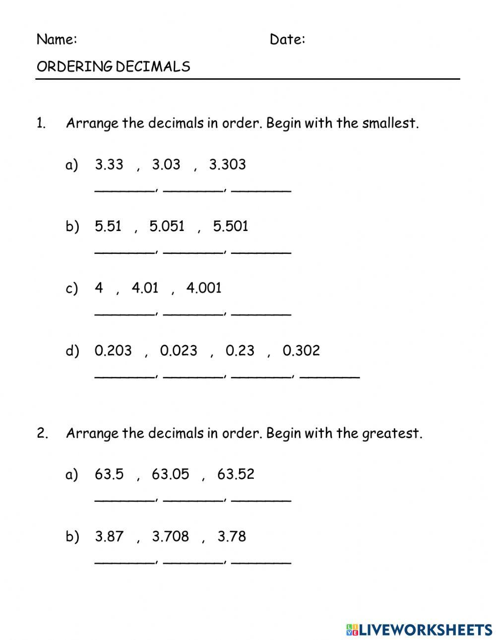 Ordering Decimals online exercise for Live Worksheets