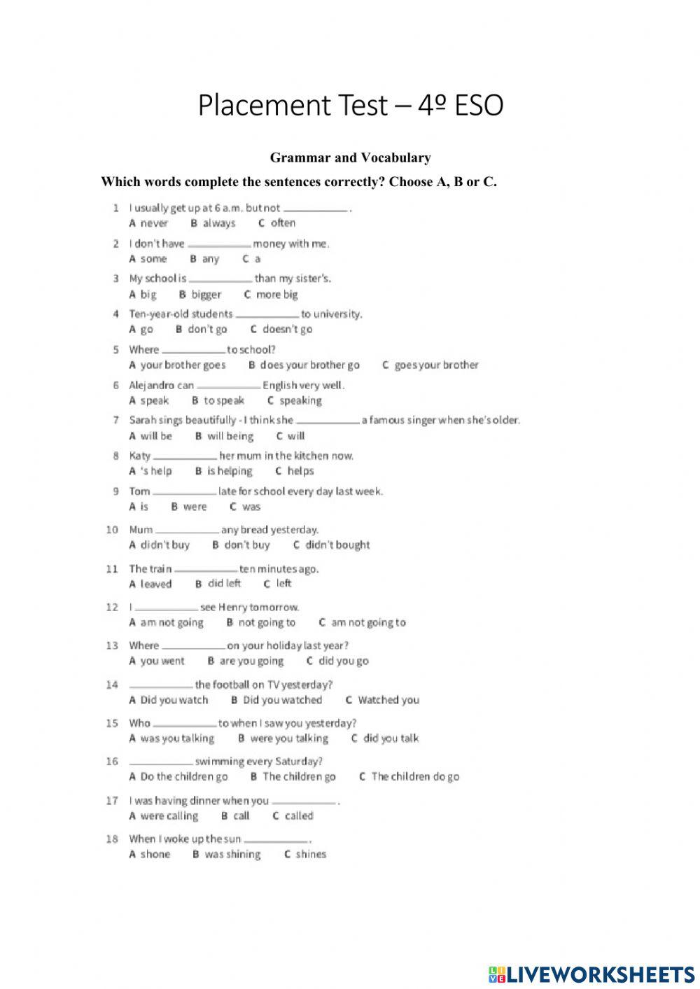 Placement Test 4ºESO
