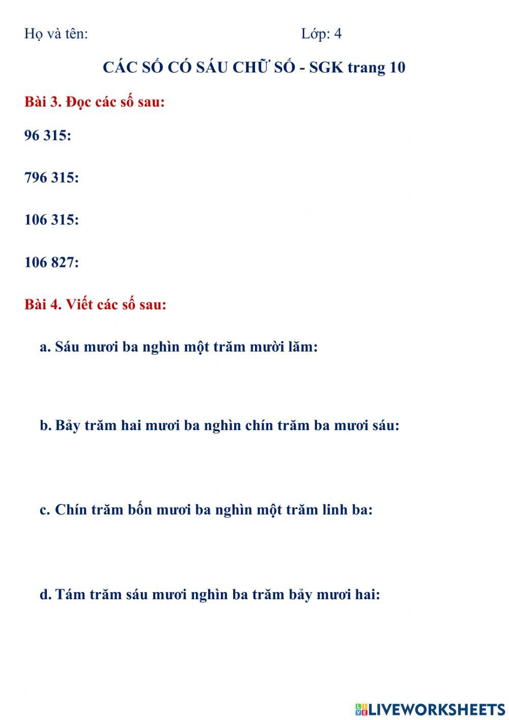 Các số có sáu chữ số BTVN