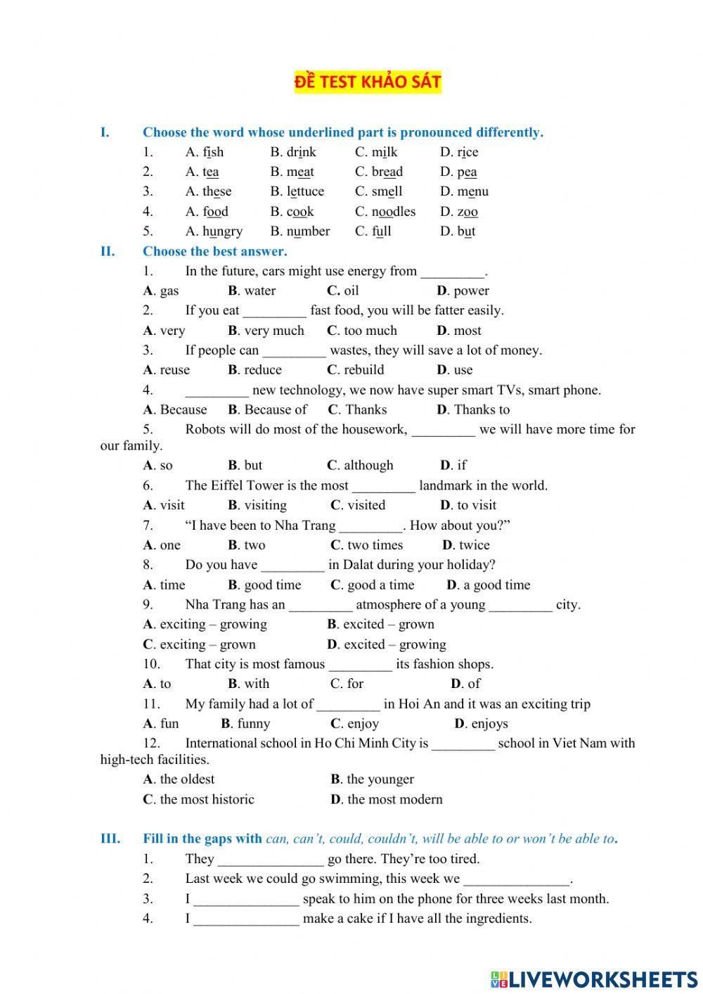 Test khảo sát lớp 7
