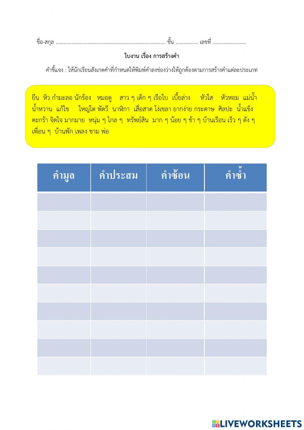 ใบงานเรื่องการสร้างคำ