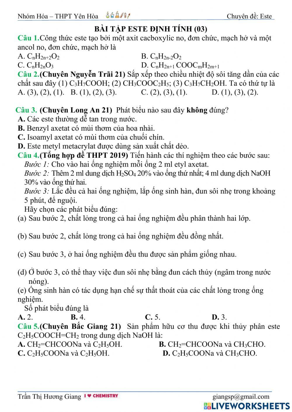 Trắc nghiệm định tính este 03