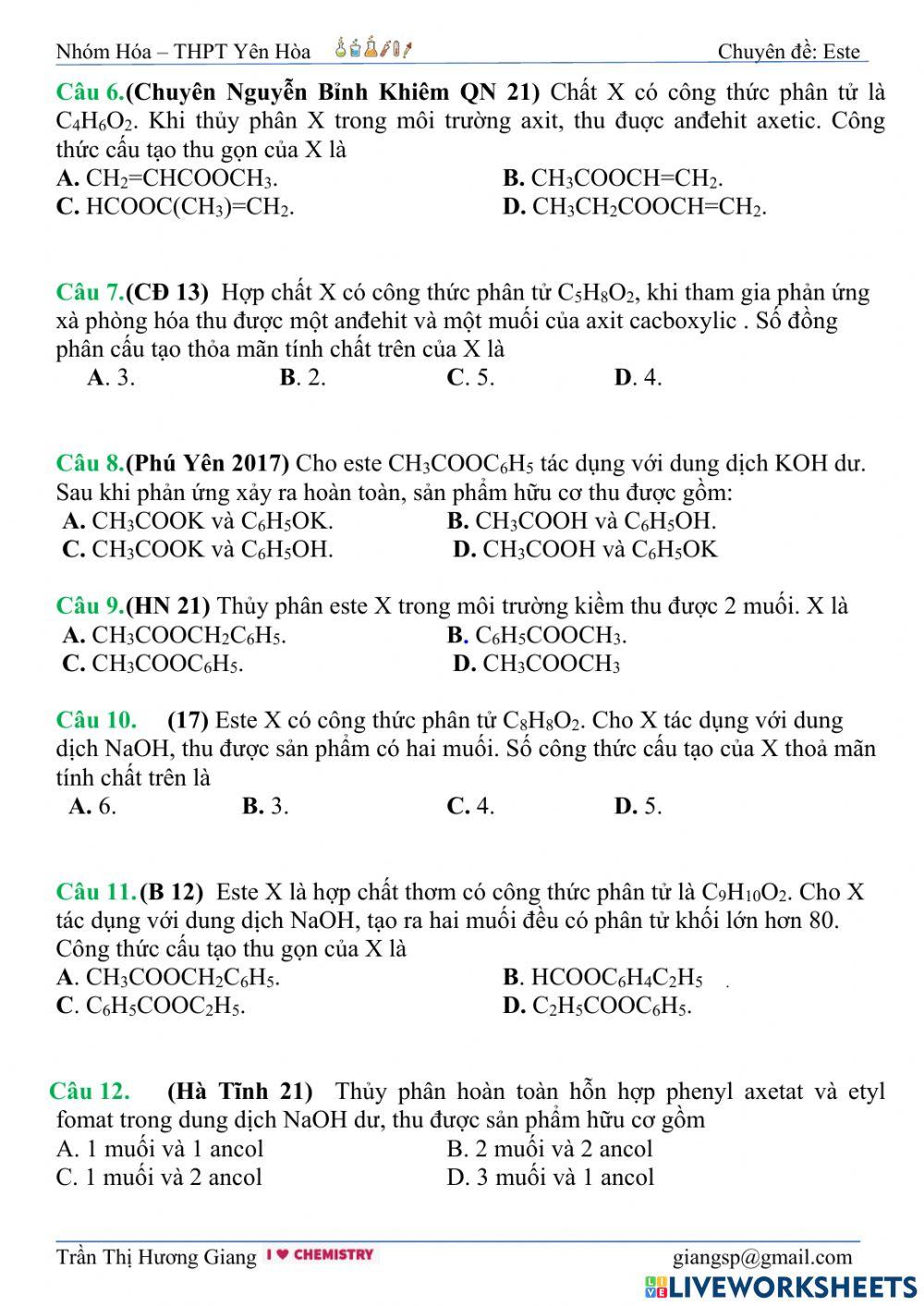 Trắc nghiệm định tính este 03