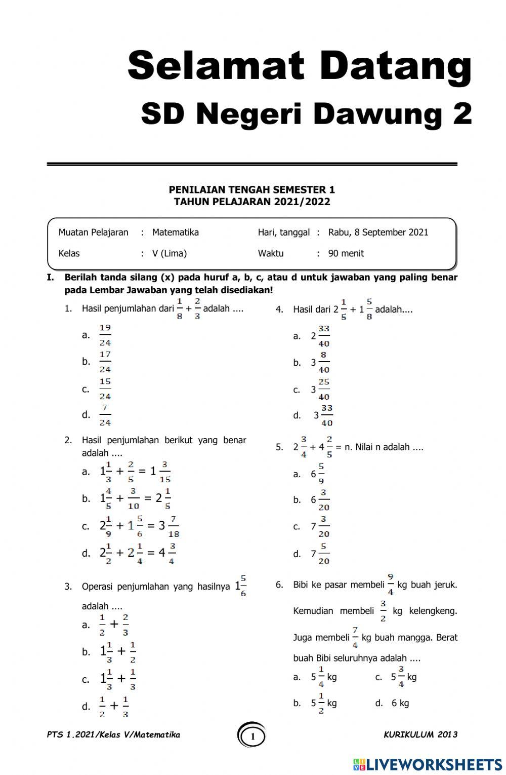 PTS Matematika Semester 1