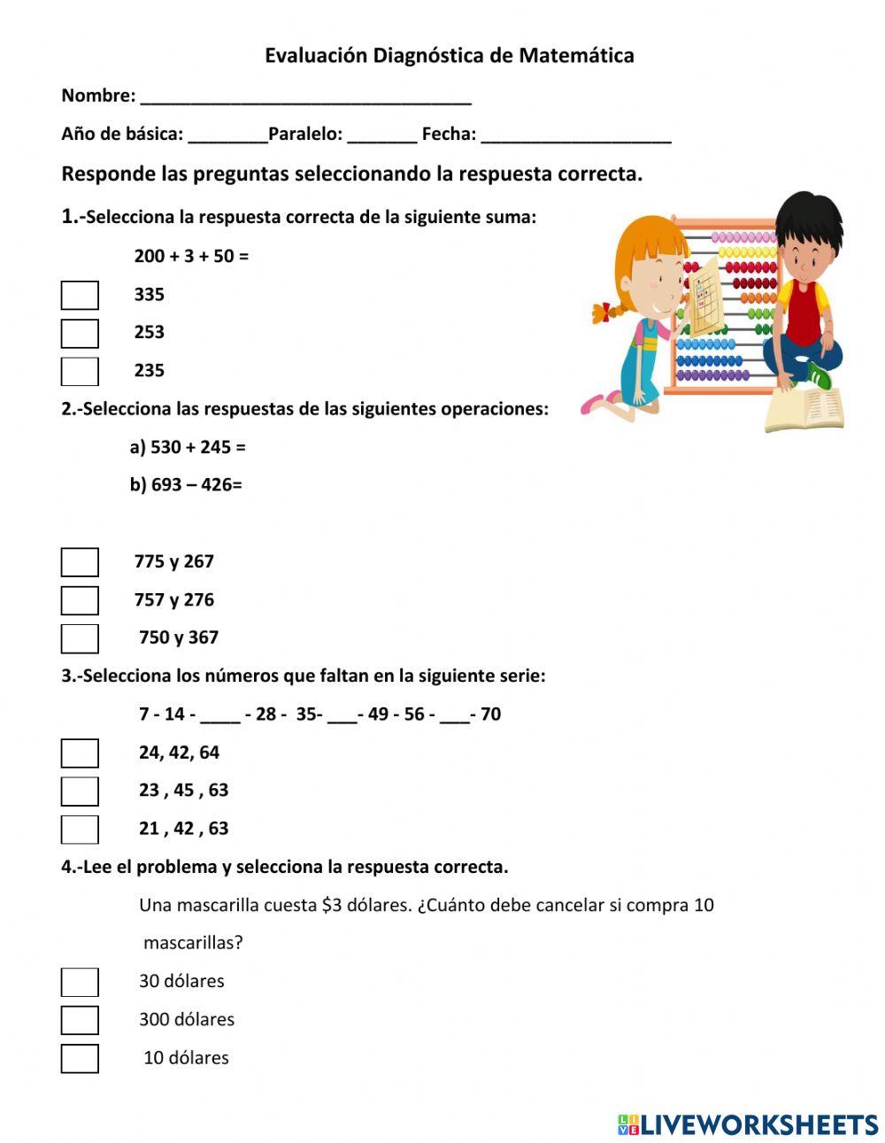 Evaluación diagnóstica de Matemática.