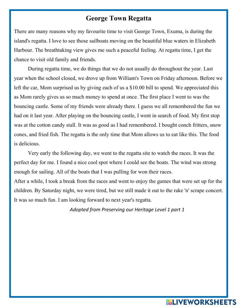 George Town Regatta Reading Comprehension