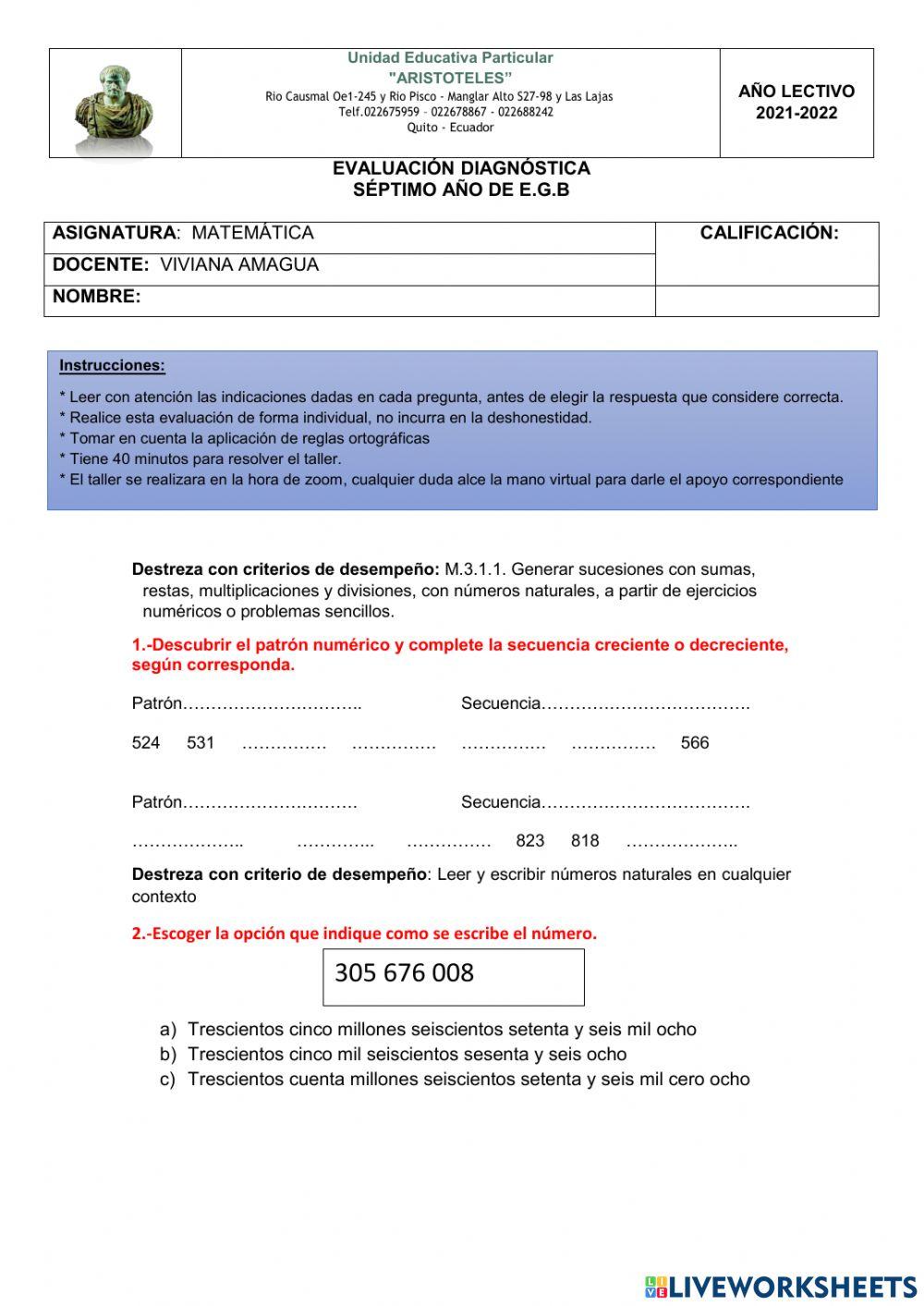 EVALUACIÓN DIAGNÓSTICA DE MATEMÁTICA