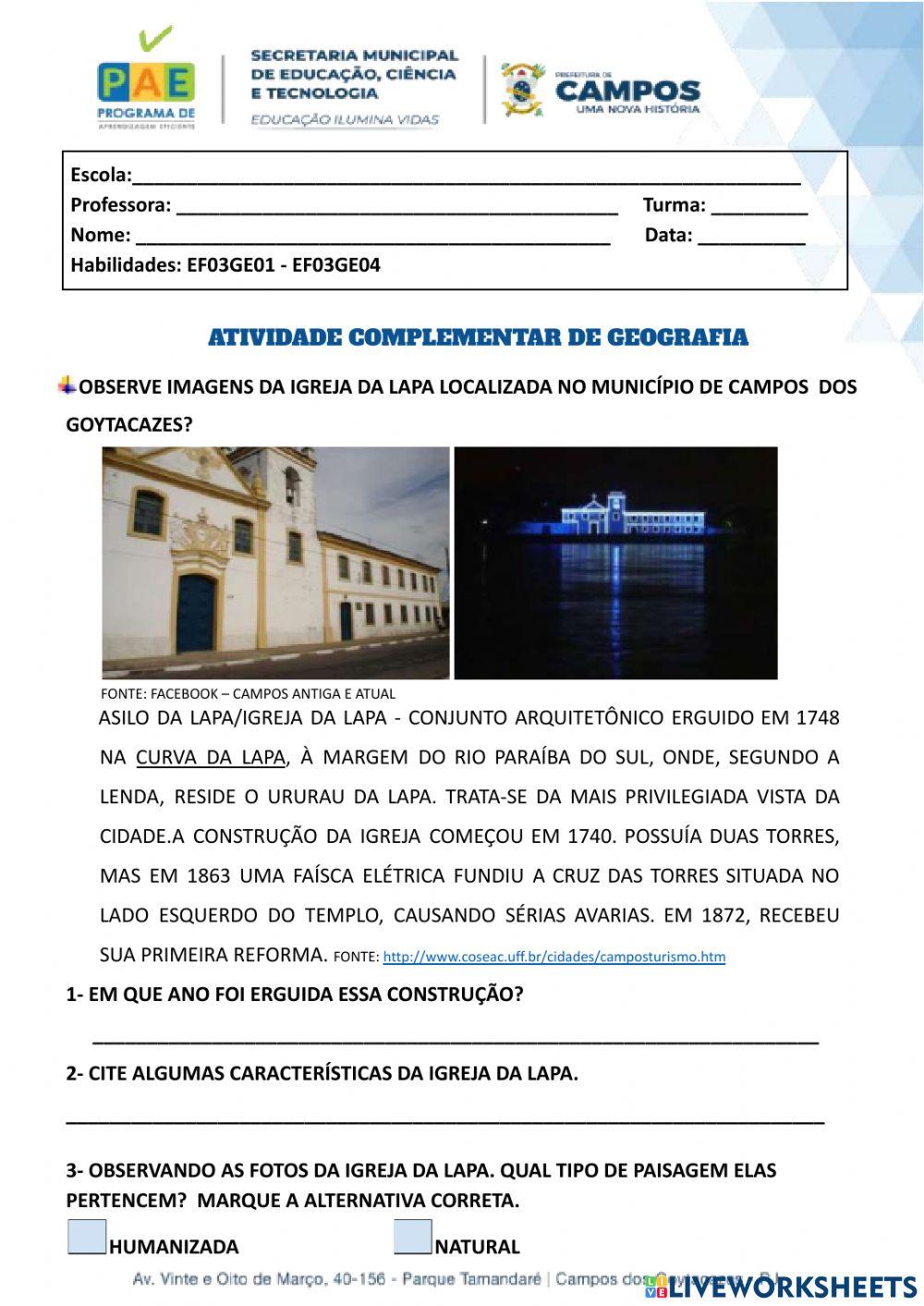 Paisagem Natural e humanizada EF03GE01- EF03GE04