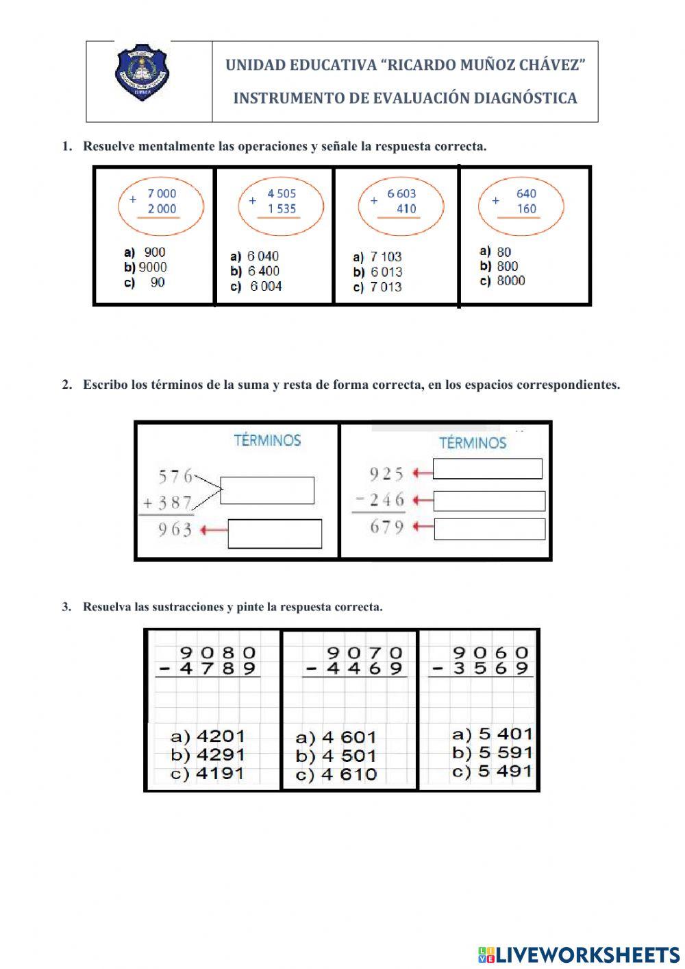 Prueba de diágnostico Matemática 4