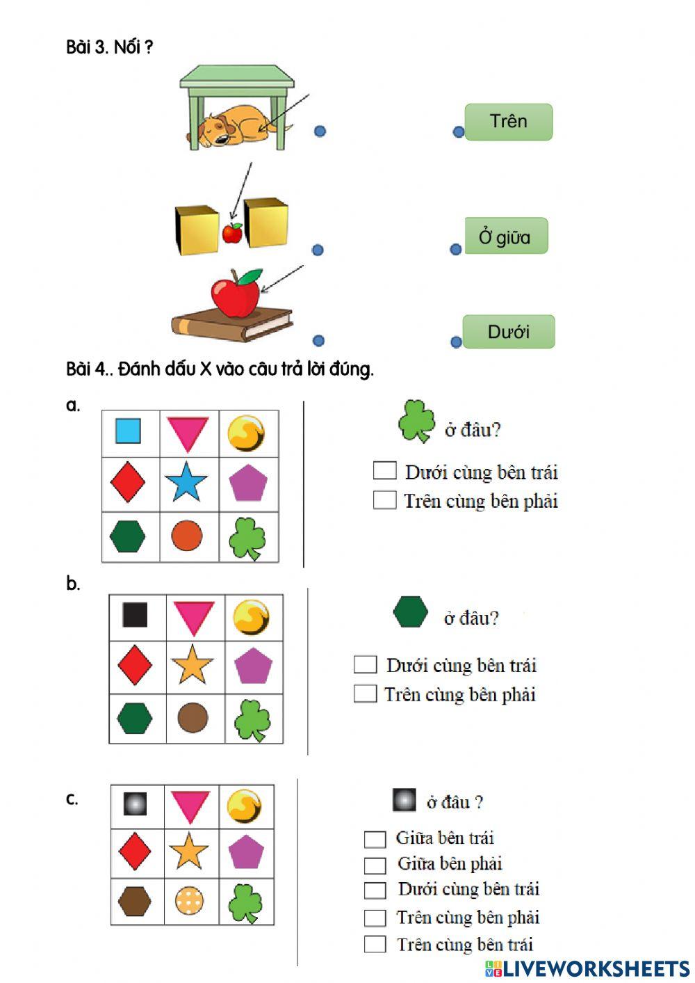 Trên - dưới, trái - phải, trước - sau, ở giữa