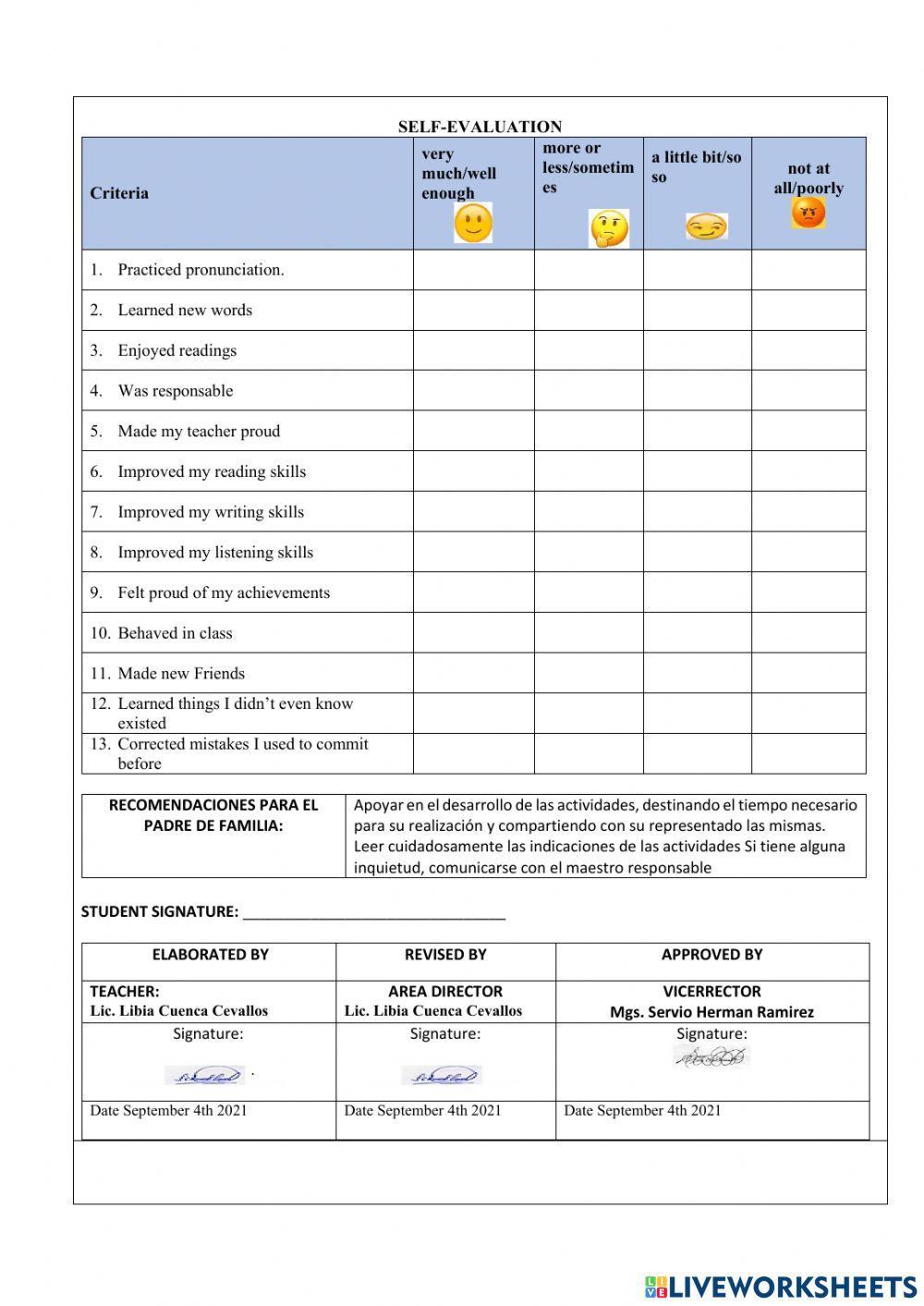 Learning activities for first quimestre exam