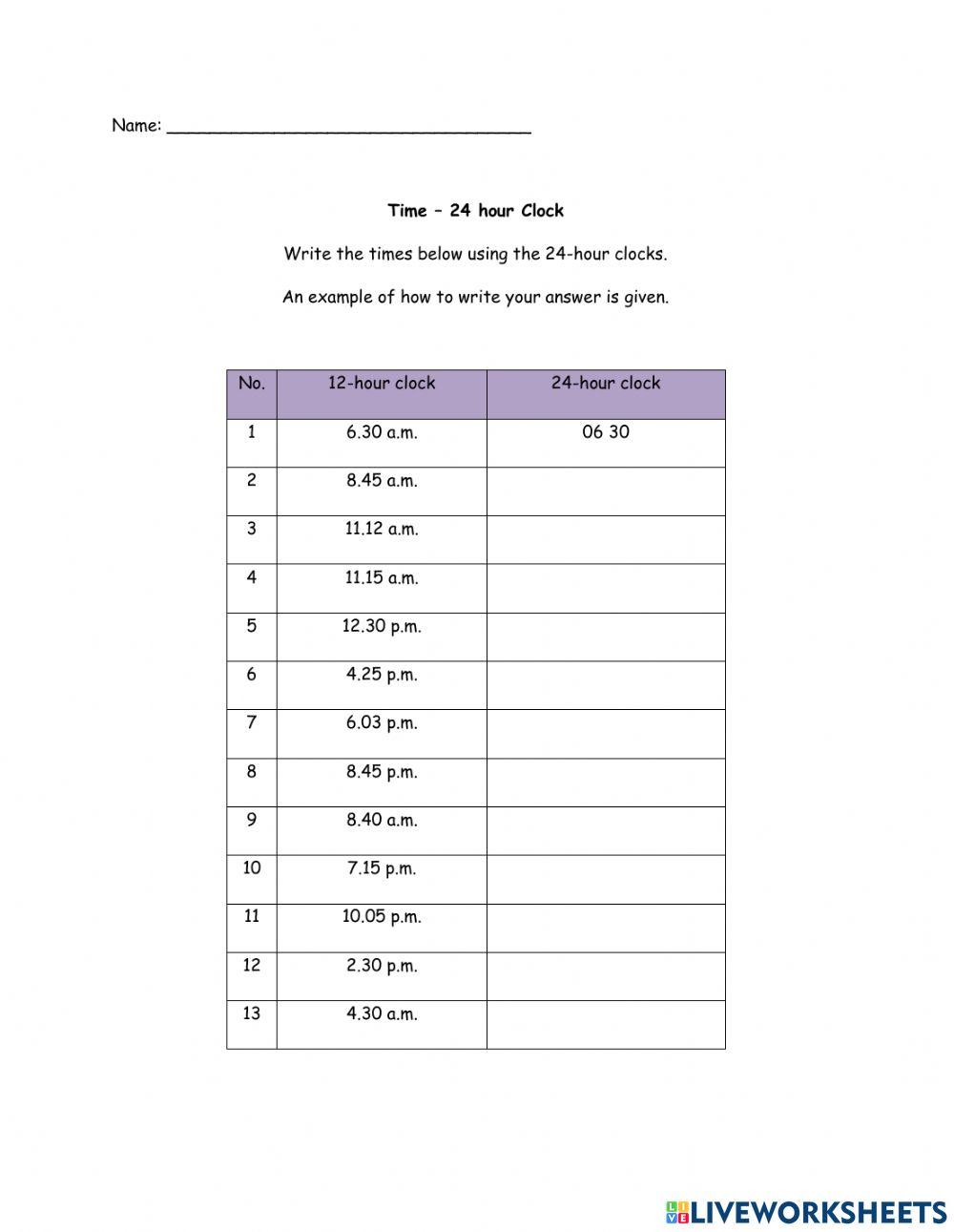 Time - 24 hour clock Time - 24 hour clock