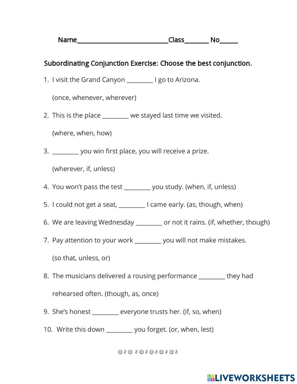 Subordinating conjunction online exercise for Live Worksheets
