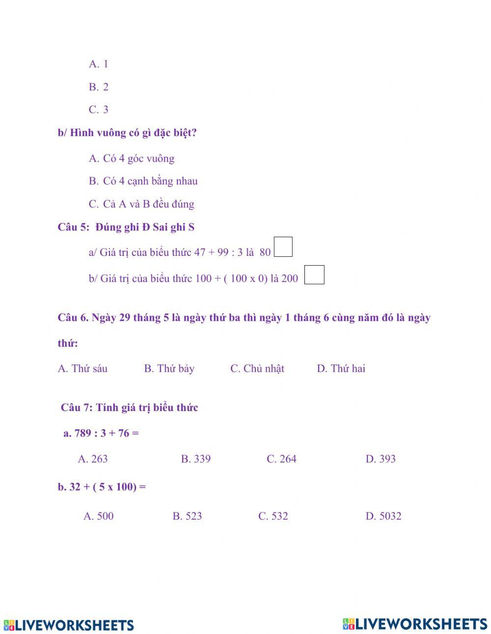 Ôn tập toán lớp 3 worksheet | Live Worksheets
