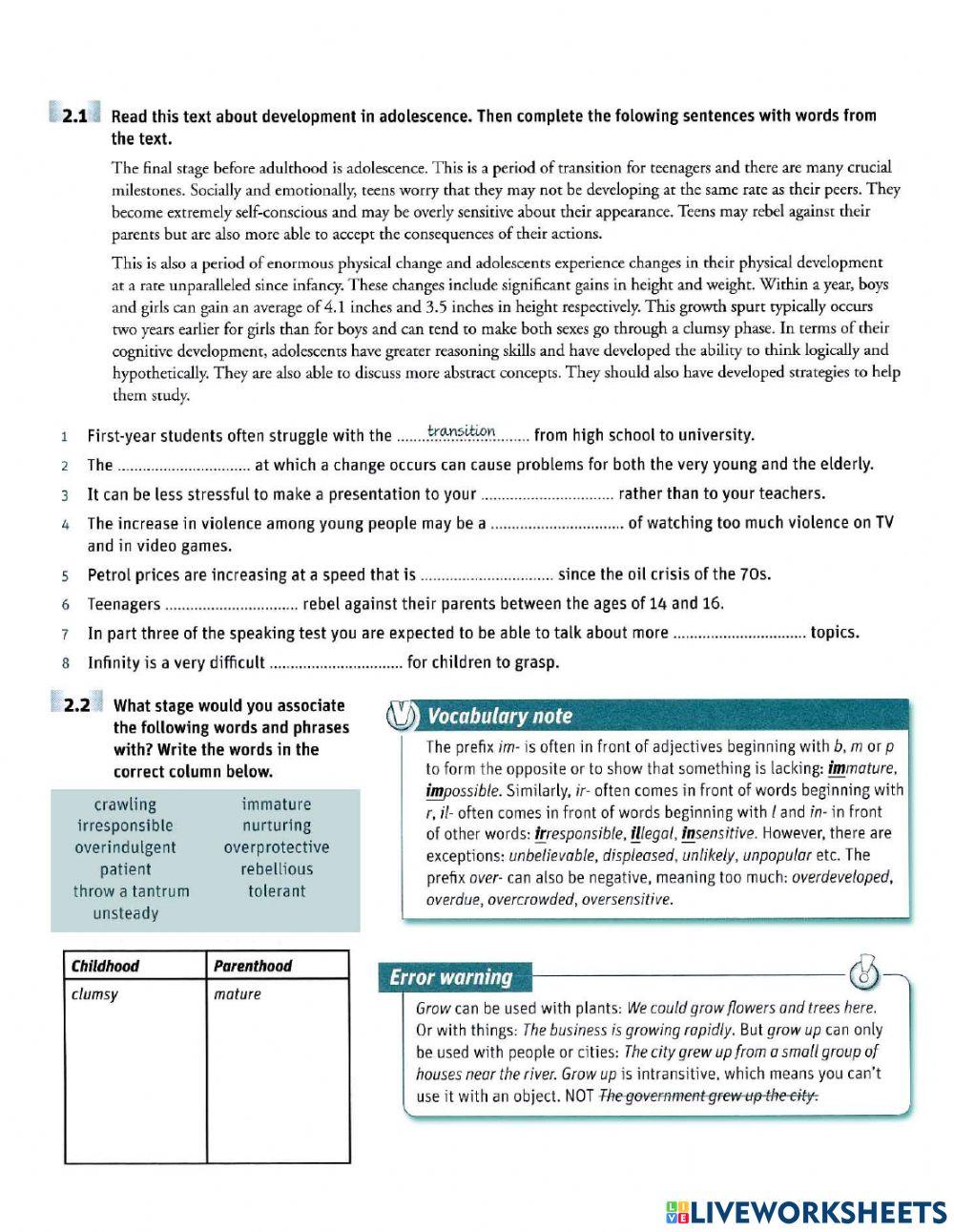 IELTS vocab - Mental and physical development