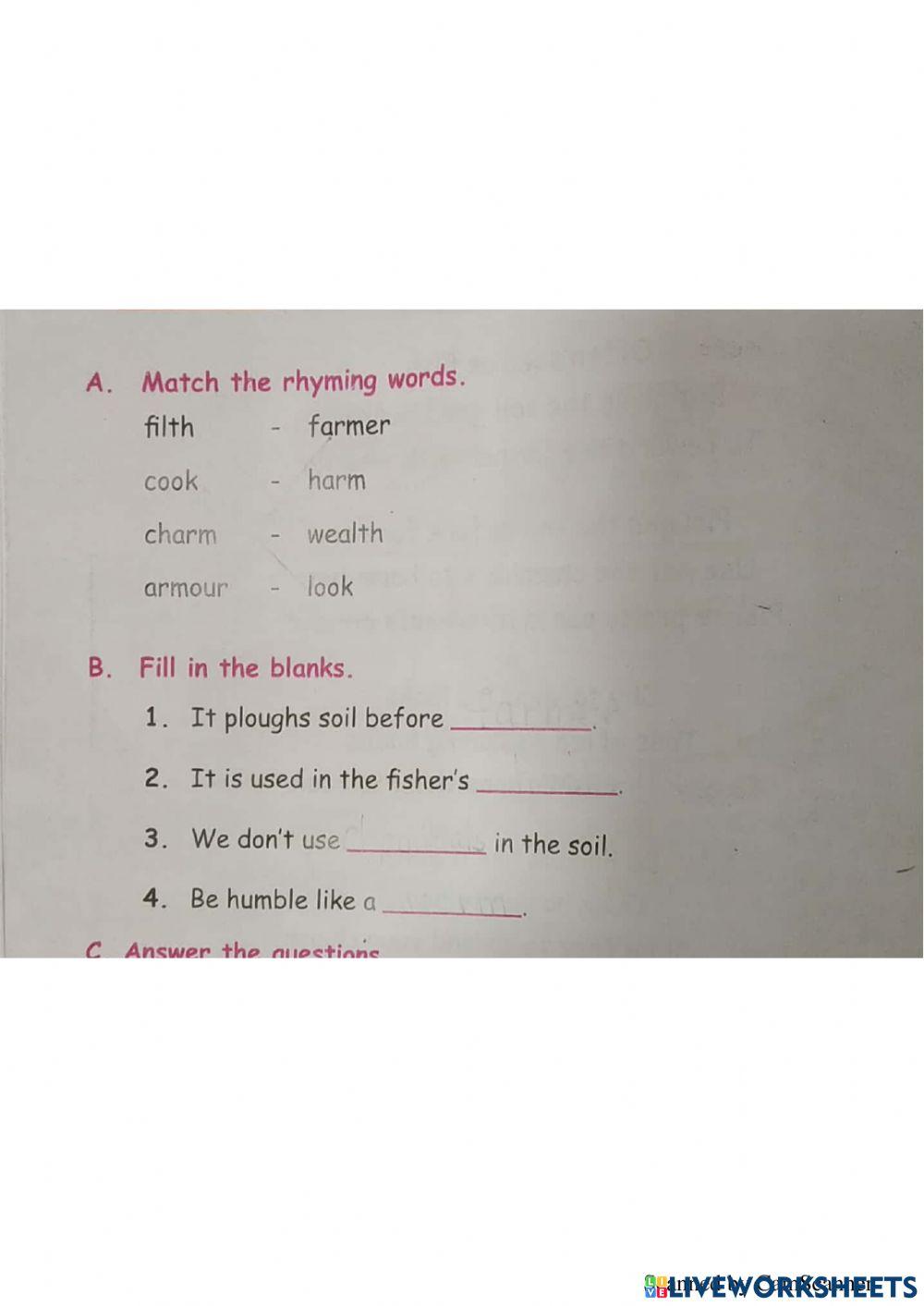 R.kumanan  , senthil middle school ,keppurengan patty: class:5  first term english unit:2  farmers friend poem..match and fill in the blanks