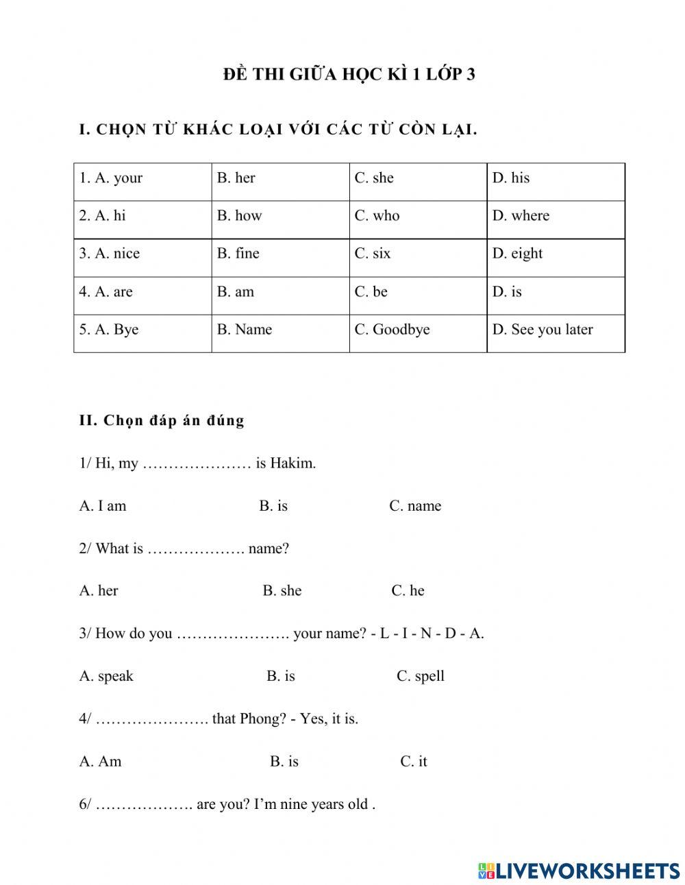 Test giữa kỳ 1 lớp 3