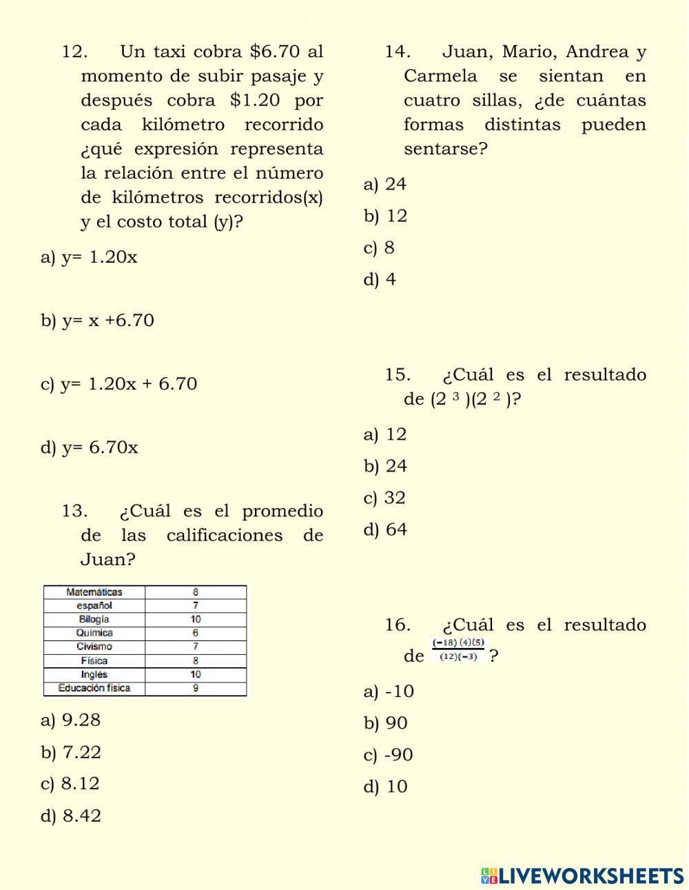 Examen diágnostico matemáticas 3