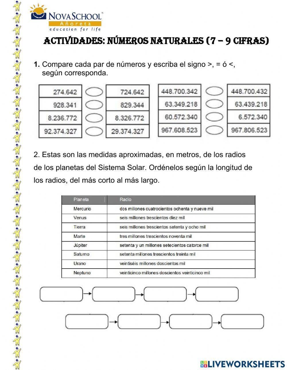 Número naturales comparación, ordenación, anterior y posterior