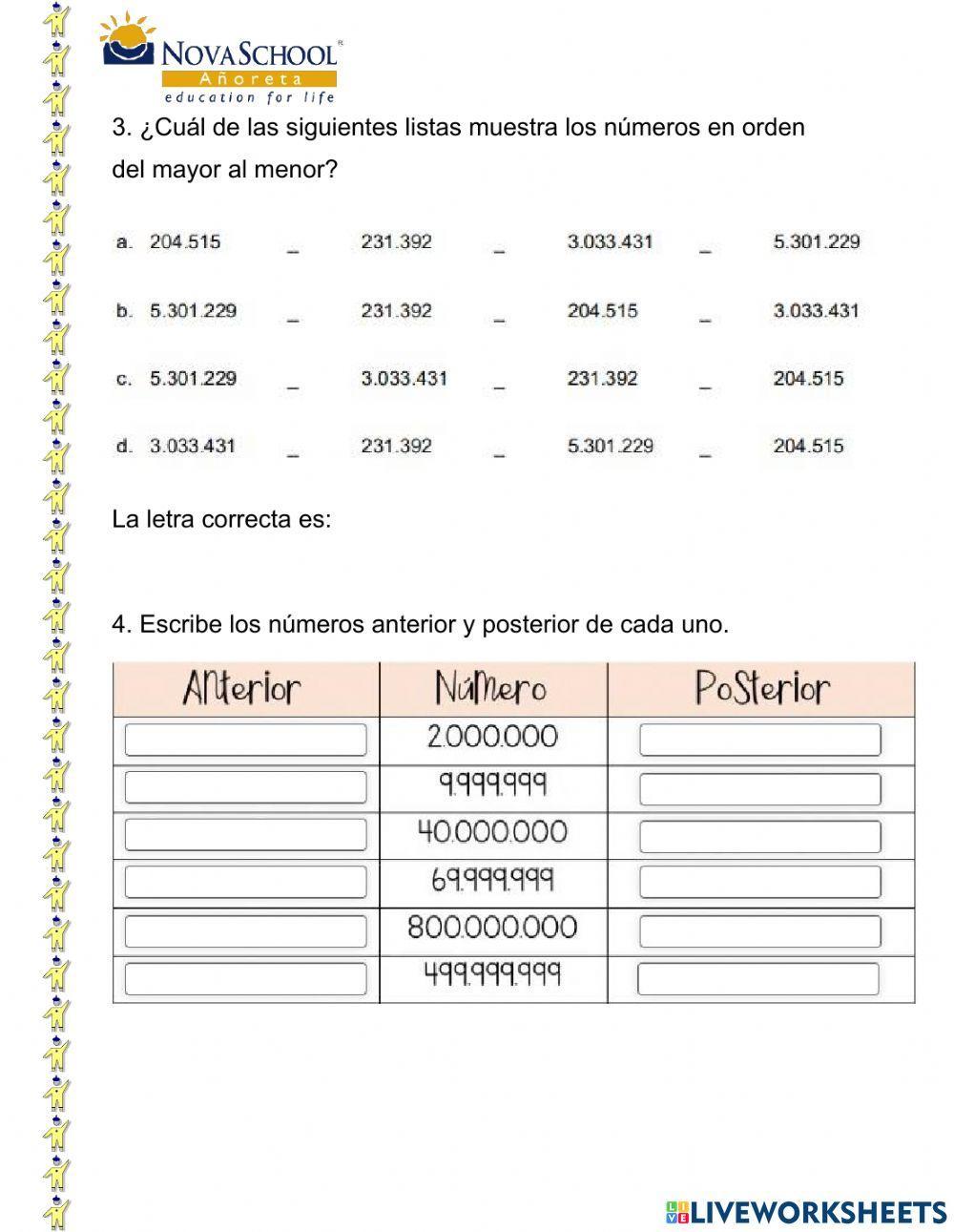 Número naturales comparación, ordenación, anterior y posterior