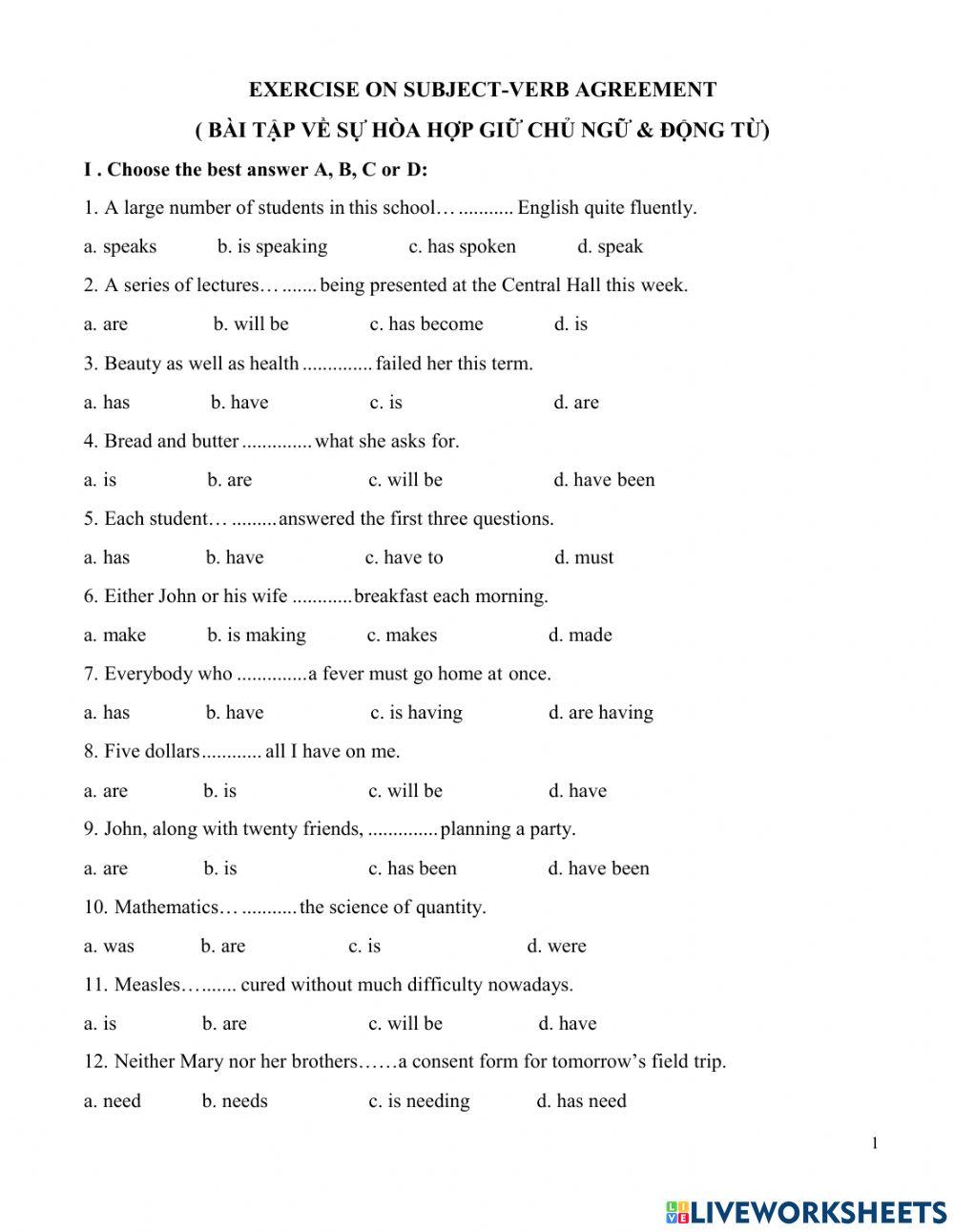 Su hoa hop giua chu ngu va dong tu worksheet live worksheets