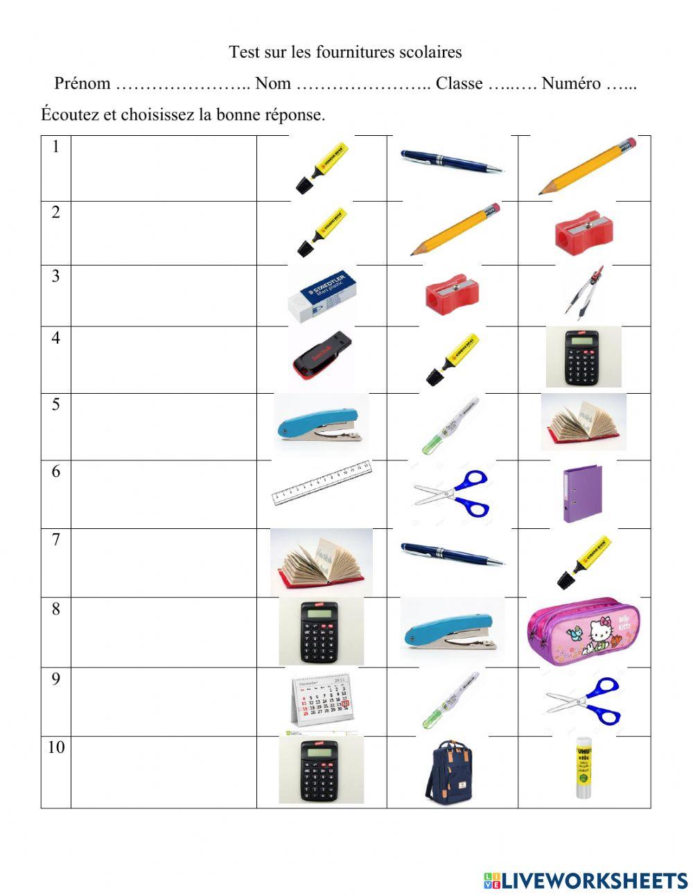 Les Affaires Scolaires En Anglais Test sur les fournitures scolaires worksheet | Live Worksheets