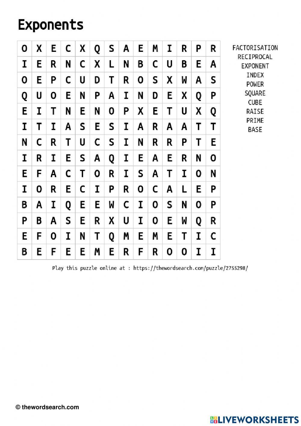 Exponents wordsearch