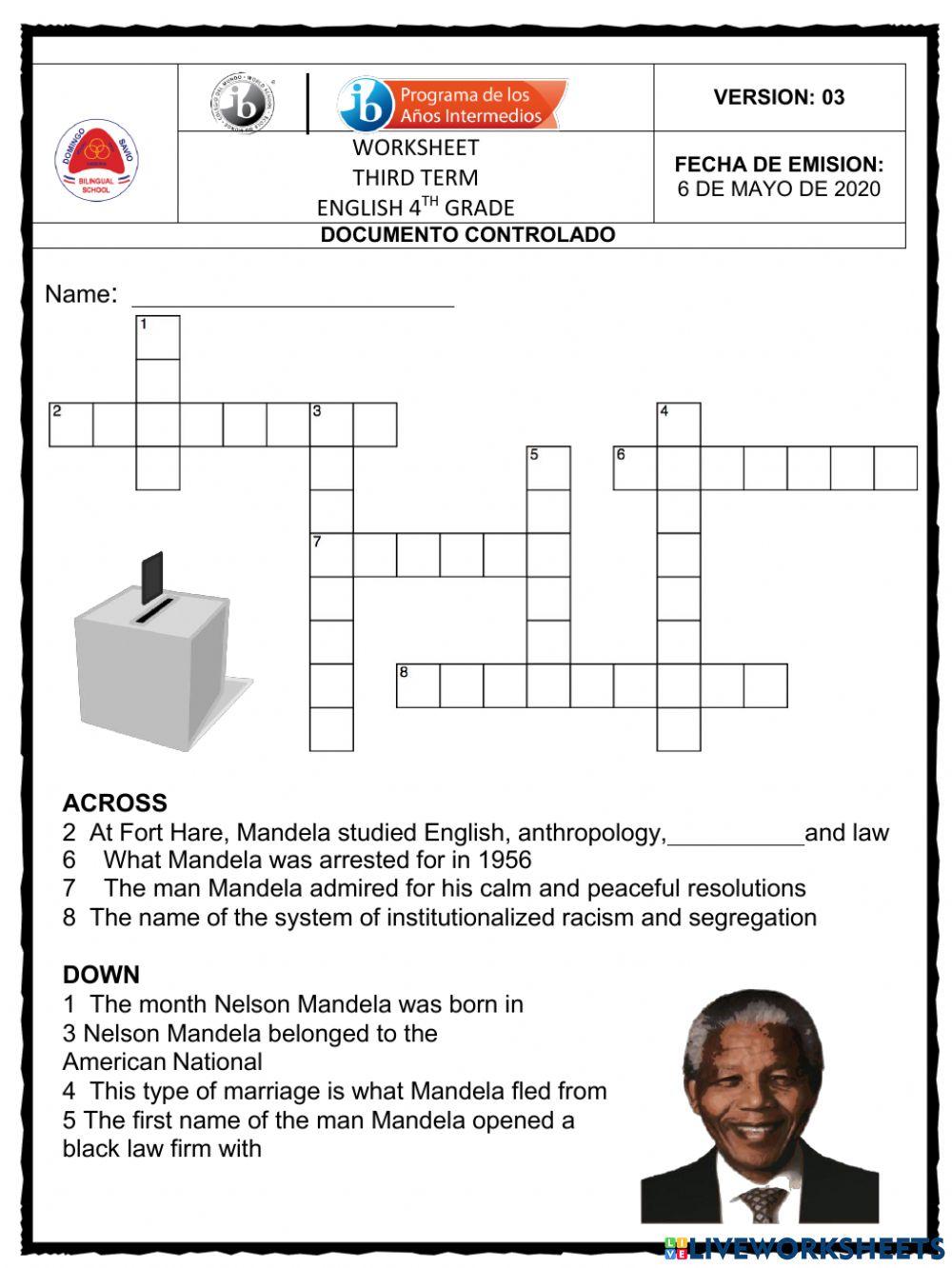 Nelson mandela crossword worksheet Live Worksheets