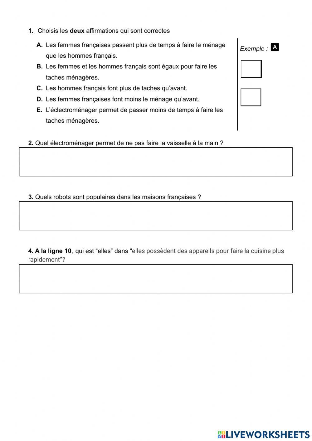 TACHES MÉNAGÈRES :   Par Frédéric Fontaine  30 octobre 2015 à 14h30          1    5     10     15        Les femmes françaises sont en moyenne (-on average) responsables de 65- des tâches ménagères. C’est beaucoup, beaucoup mieux que dans le passé ! Mais 