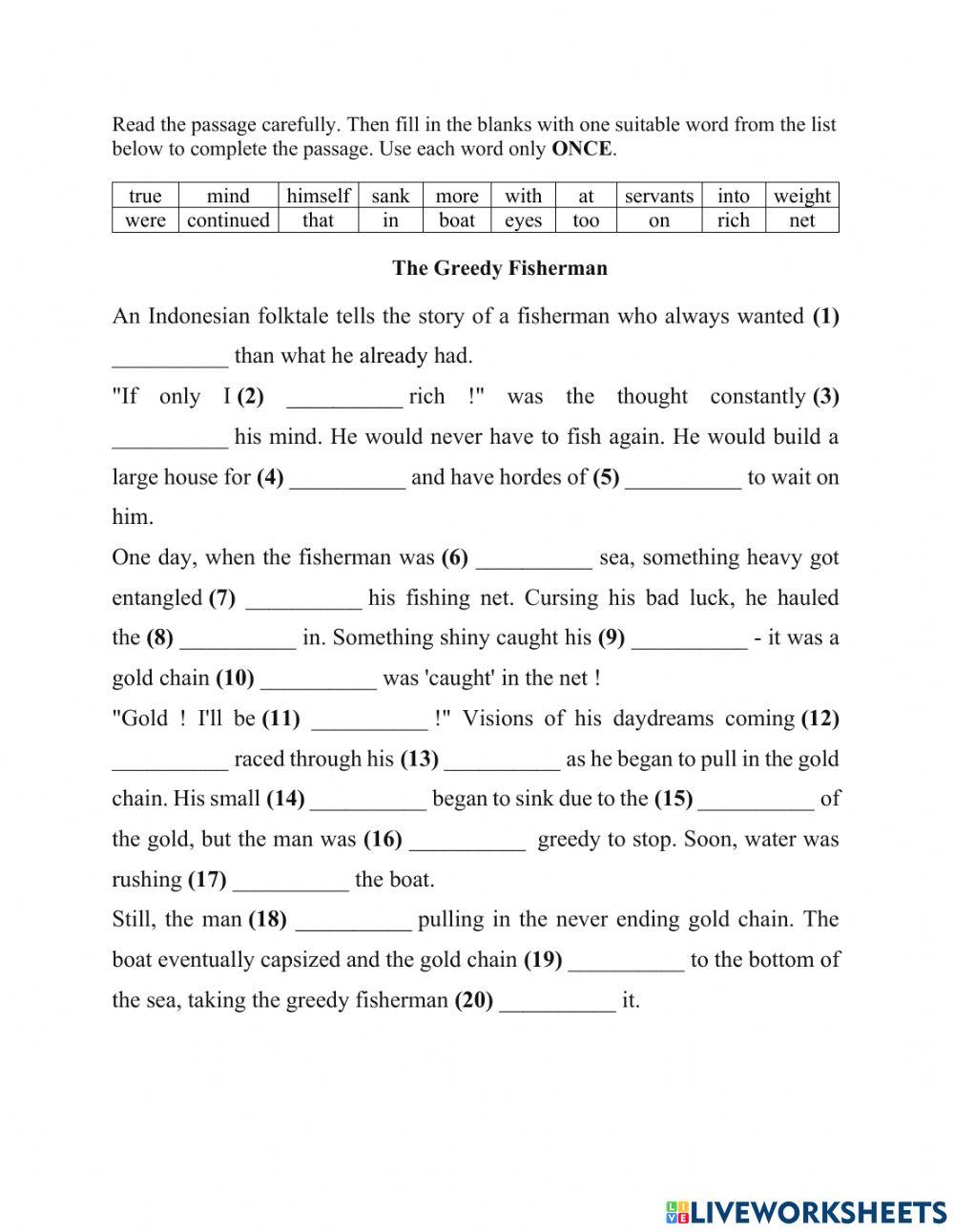 Cloze Passage - The Greedy Fisherman