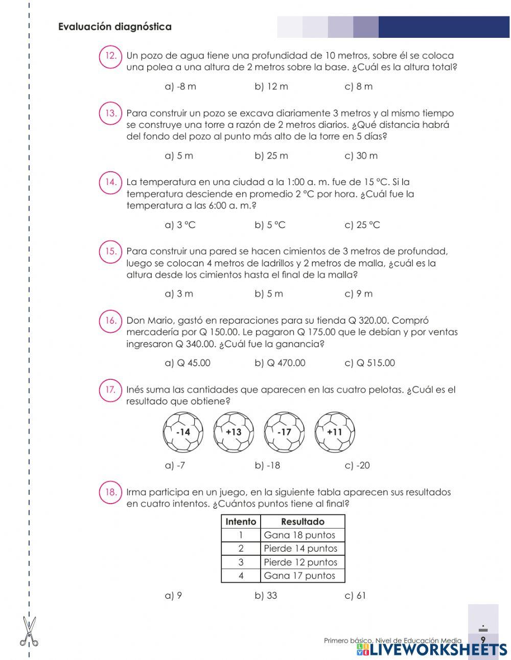 Evaluación diagnostica primero básico Matematica