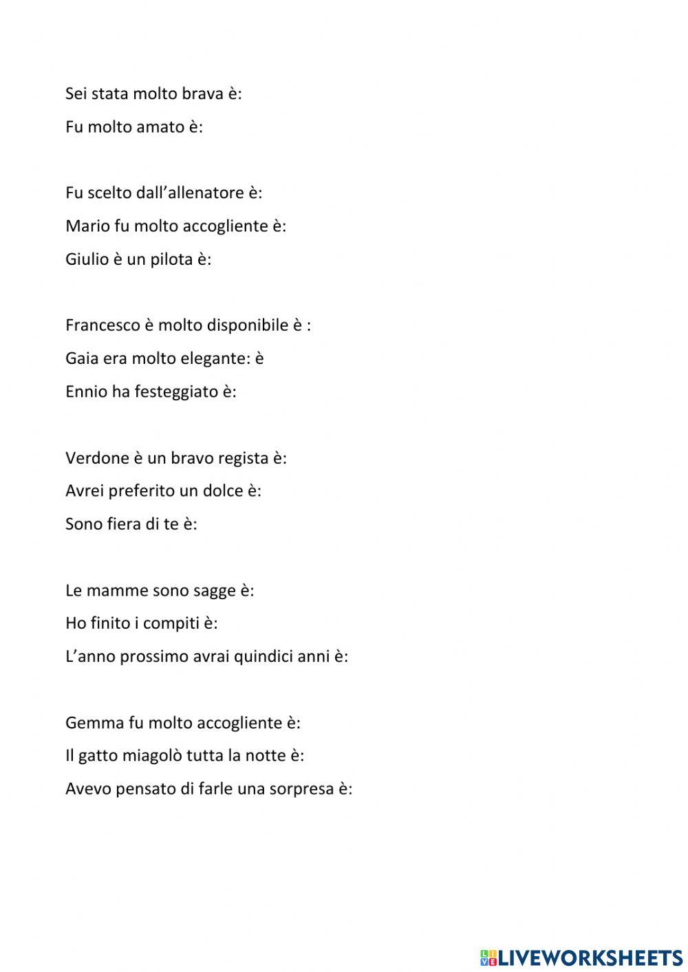Individua se i seguenti verbi sono predicati verbali o nominali