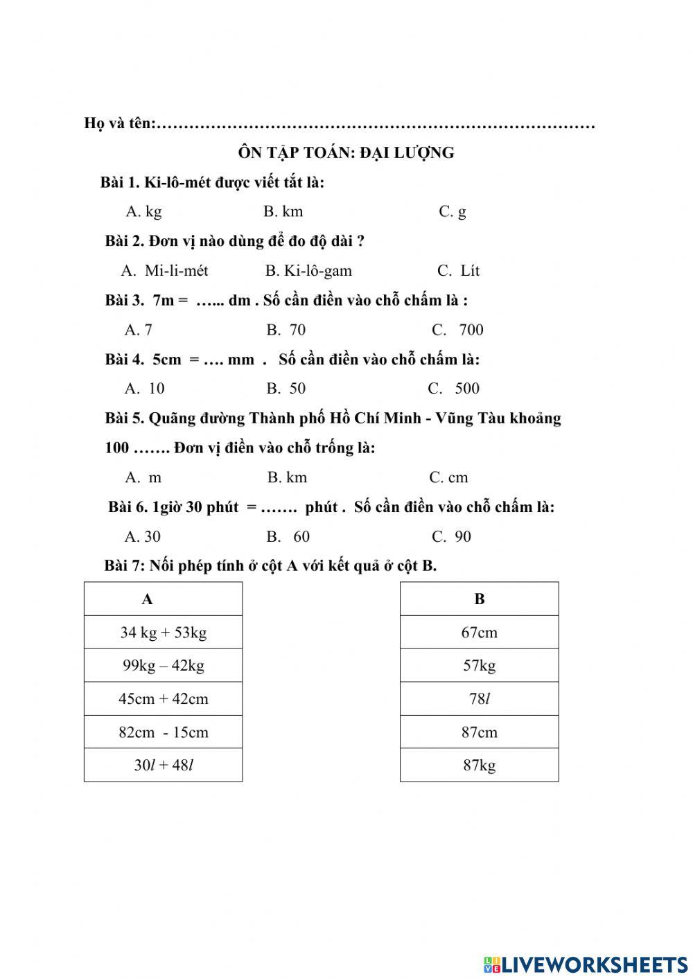 Ôn tập toán phần đại lượng