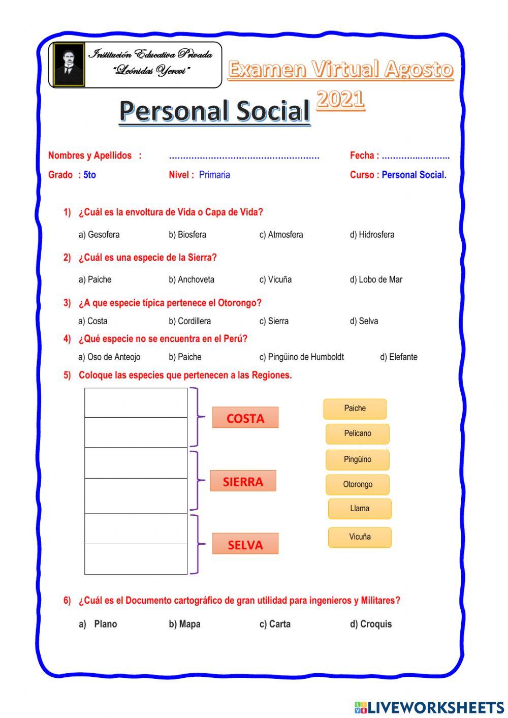 Examen Personal Soci 5to Prim