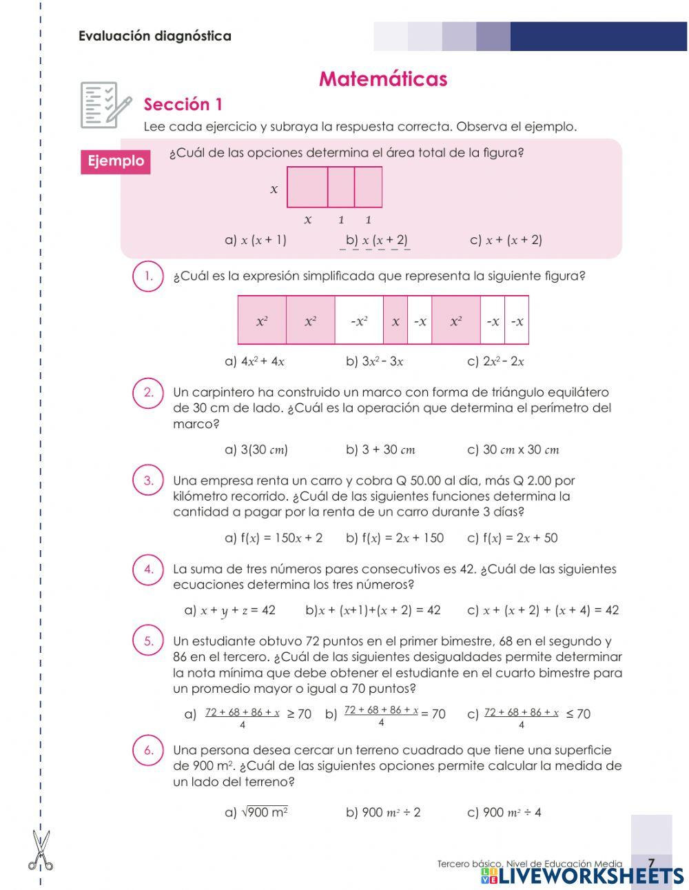 Evaluación diagnostica Tercero básico Matematica