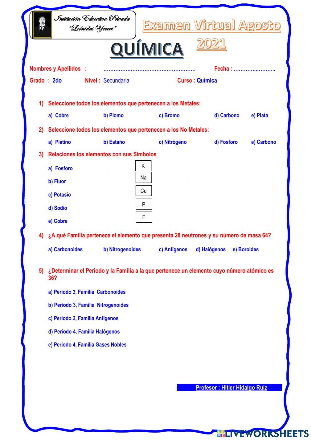 Examen Quimica 2do Sec