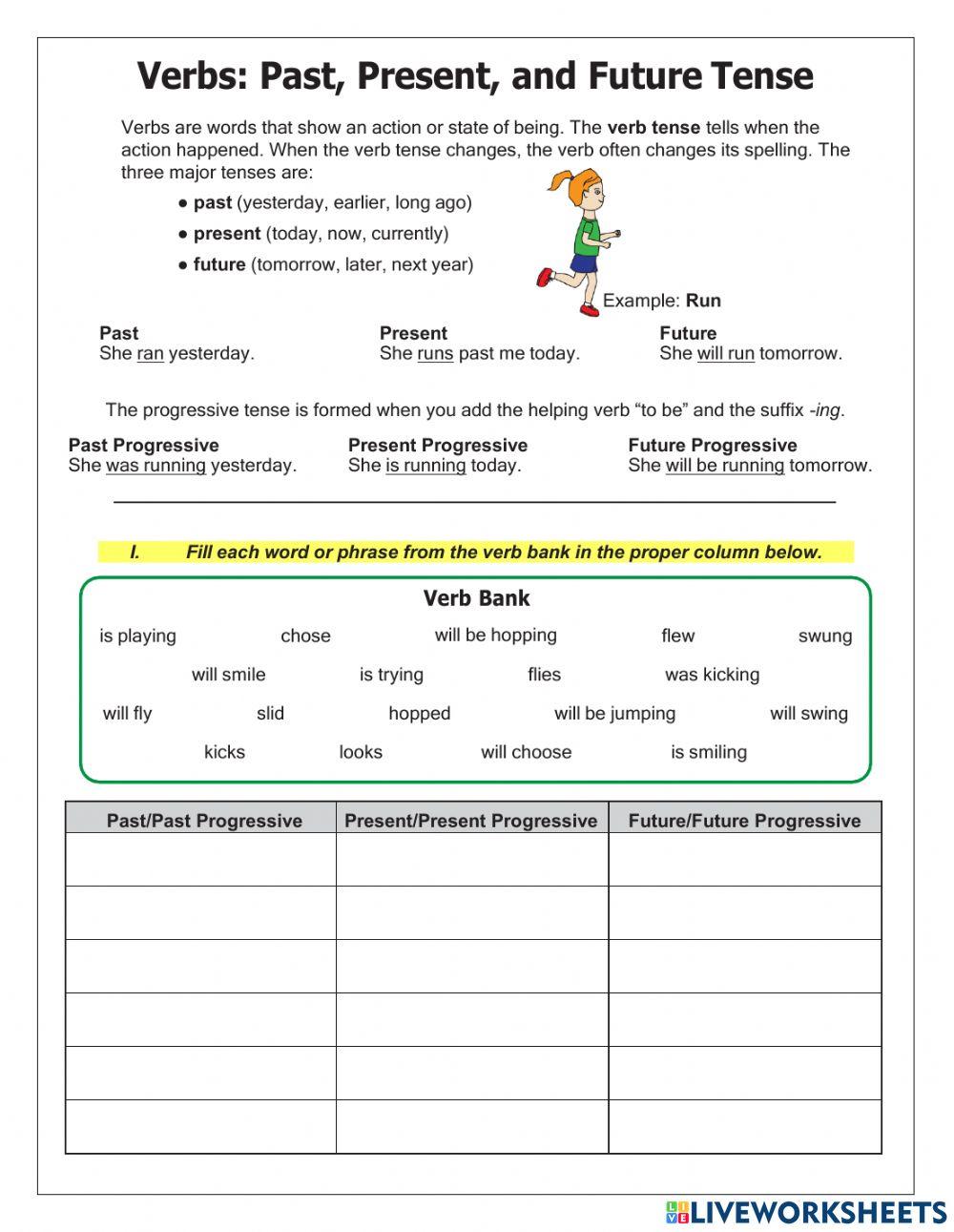 Verbs Past, Present, and Future Tense.. online exercise for Live Worksheets