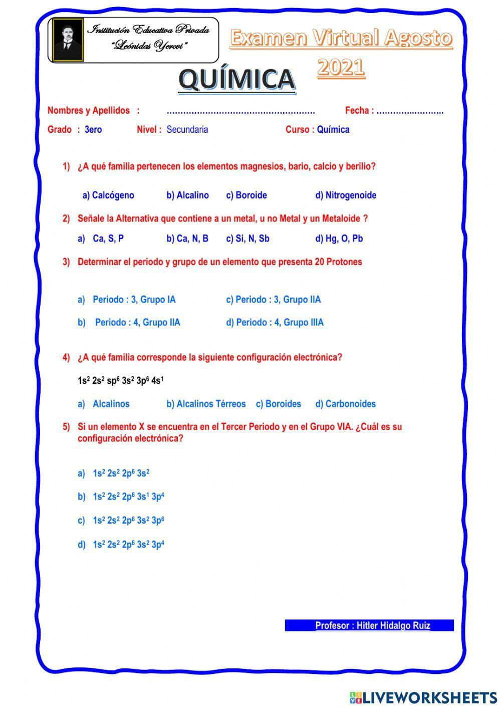 Examen de Quimica 3ero Sec