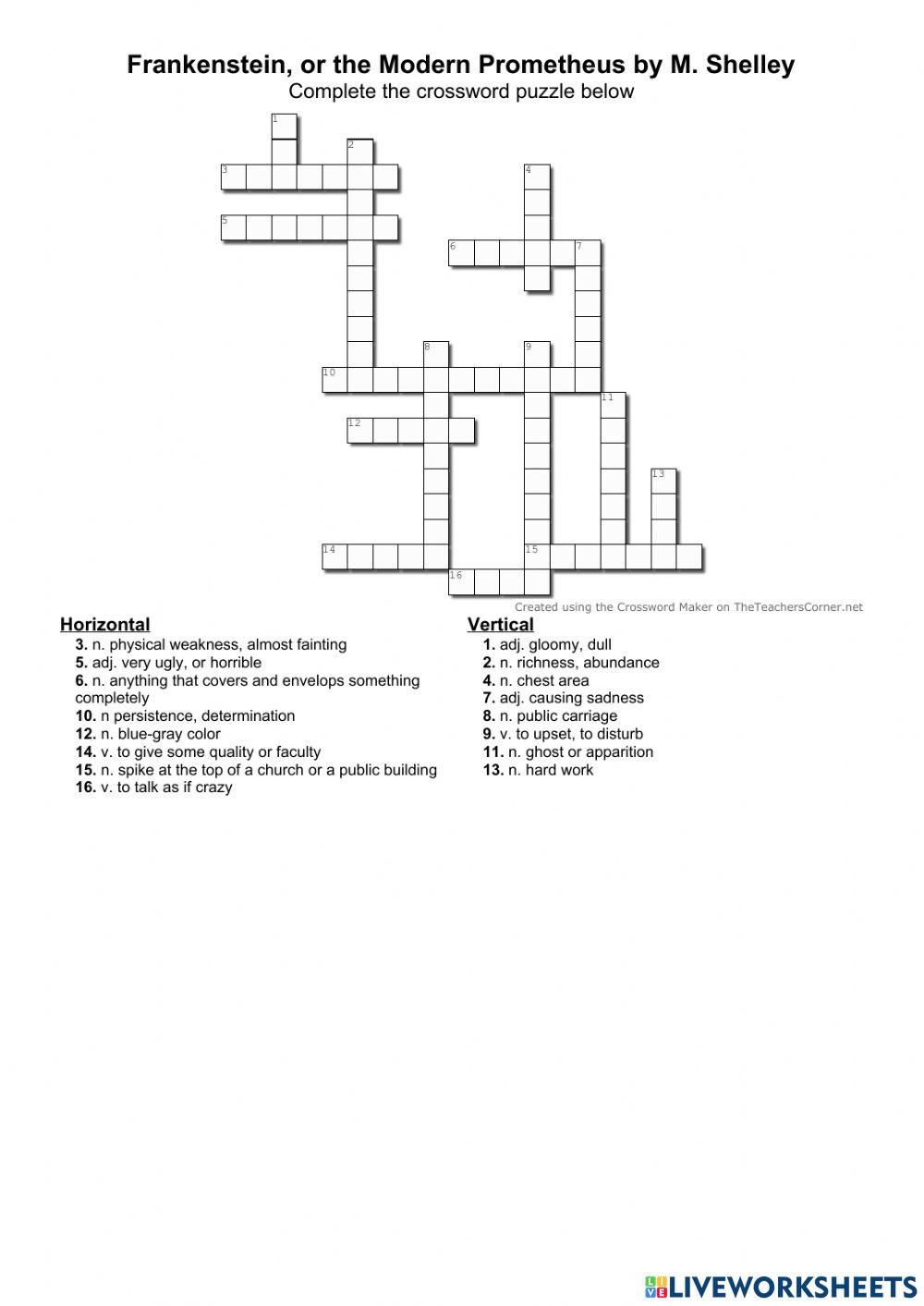 Crossword Puzzle for Frankenstein