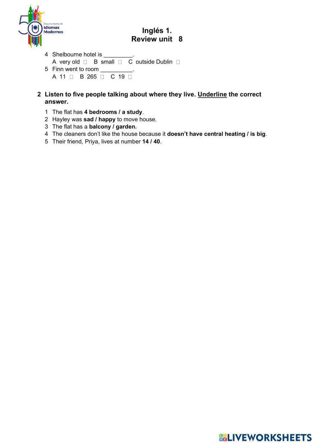 Inglés 1. Review unit 8.