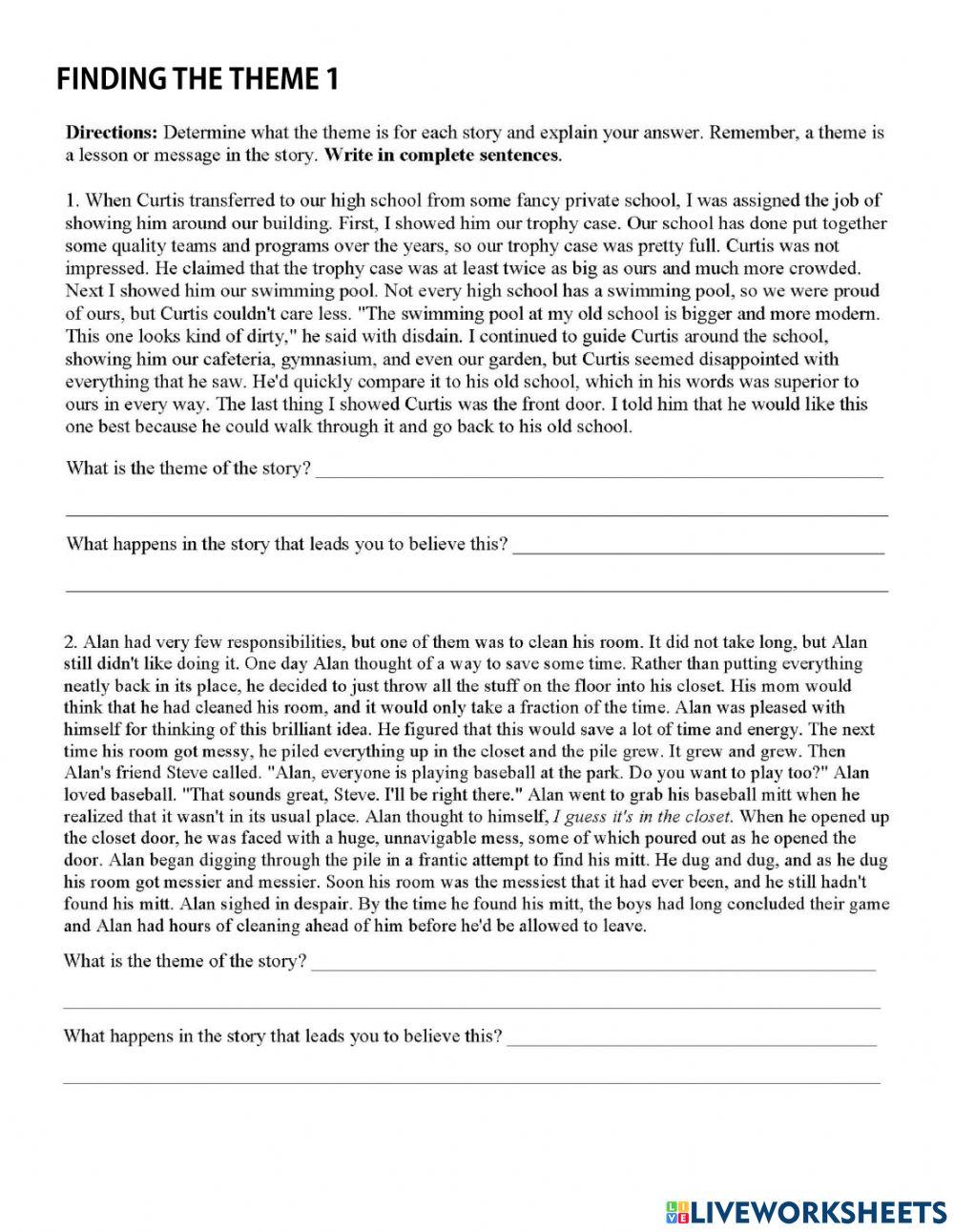Finding the theme 1 worksheet | Live Worksheets
