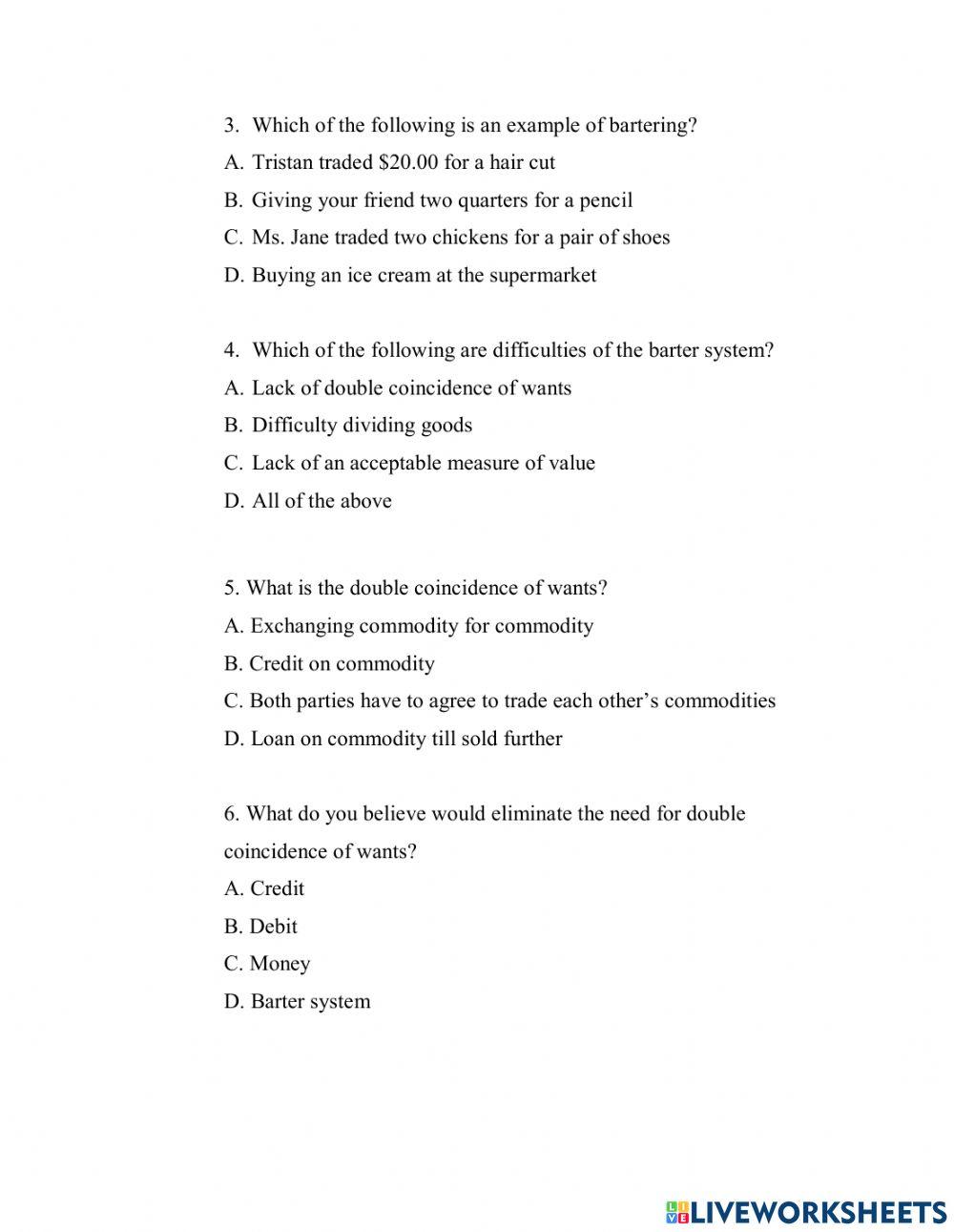 The Barter System 1434 GAndall Live Worksheets