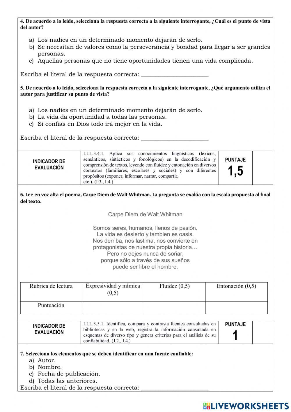 Diagnóstico Lengua y Literatura 10mo de EGB