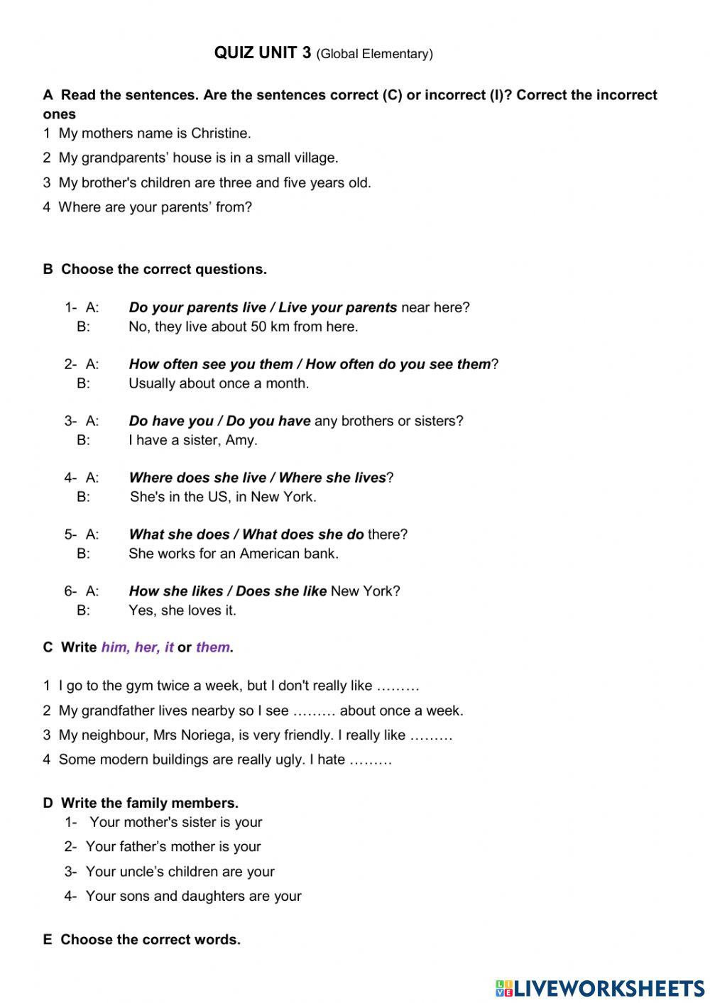Global Elementary Test Unit 3