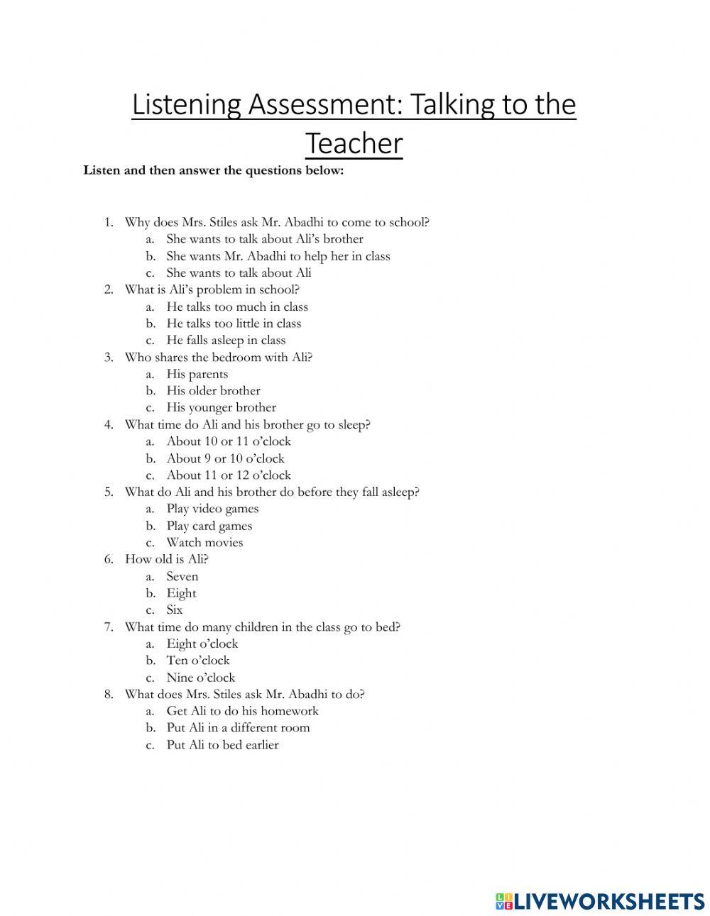 Listening Assessment: Talking to the Teacher